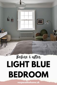 Bedroom with light blue walls and pink accessories with text saying Before and after - Light Blue Bedroom Relaxing Blue Bedroom Ideas, Blue Ceiling Bedroom, Vibrant Accessories, Bedroom Transformation, Period Home