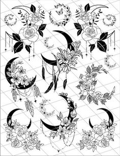 the moon and flowers tattoo design is shown in black and white, on a grid