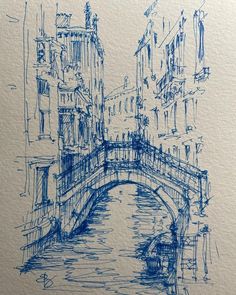 a blue ink drawing of a bridge over a river in venice, italy with buildings on either side