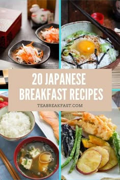 japanese breakfast dishes with chopsticks, rice and other foods on the table in different pictures