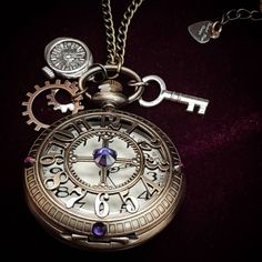 Magical Steampunk Style: This pocket watch necklace features a peek-a-boo cover with metal numbers and purple Amethyst Swarovski™ crystals for a unique, enchanting look. Functional Timepiece: A fully functional pocket watch that combines utility with stunning steampunk-inspired design, perfect for keeping time in style. And - the necklace is very long so you can wear it in winter with your cowl neck and turtle neck sweaters! (see photo) Charming Details: Three steampunk charms—a key, gears, and Steampunk Metal Pocket Watch With Locket, Steampunk Metal Dial Pocket Watch, Silver Steampunk Pocket Watch With Locket, Steampunk Silver Pocket Watch With Locket, Magical Steampunk, Purple Steampunk, Turtle Neck Sweaters, Metal Numbers, Steampunk Aesthetic