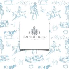 the logo for kate wilde designs is shown on a white background with blue horses and trees