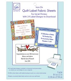 an advertisement for quilt label fabric sheets with 2 different designs to be printed on it