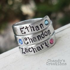 "Chandy's Creations-3-Names-Birthstones-Solid WRAP Ring-Mother's-Ring-Stacked-Rings-Present-Gift-Band-Customized-Thumb-Pinky-Hammered-Set-Three-Aluminum-Stamped Please read the shop Announcement for current and important information prior to purchase. WELCOME TO CHANDY'S CREATIONS! I am so happy you found my little shop Feel free to browse my other listings. I offer a wide range of Handmade items such as personalized Rings, Wearable Wire Art, Spoon Jewelry, Customized Flatware, Keychains, Rememb Adjustable Hand Stamped Jewelry For Anniversary, Hand Stamped Adjustable Jewelry For Anniversary, Customizable Adjustable Silver Jewelry, Silver Hand Stamped Jewelry For Birthday, Birthday Hand Stamped Silver Jewelry, Nickel-free Silver Rings For Birthday, Adjustable Hand Stamped Jewelry For Birthday, Custom Personalized Silver Jewelry, Adjustable Silver Ring For Birthday