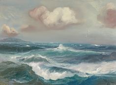 an oil painting of waves and clouds in the ocean