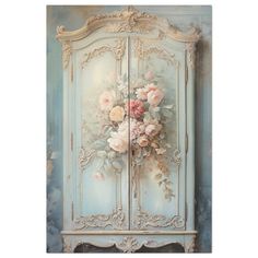 an ornate armoire with flowers painted on it