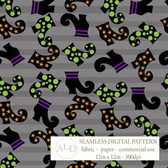 seamless digital pattern with black, green and orange shapes on grey background for fabric or wallpaper