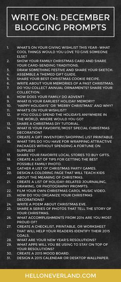 a black and white poster with the words write on december blogging prompts