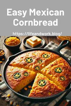 the mexican cornbread is cut into slices and served in a skillet with green peppers