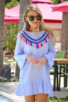 Rainbow Tassels Frock :: SALE :: The Blue Door Boutique Striped Tunic Dress For Spring, Multicolor Fringe Dress For Beach, Cotton Fringe Dress For Vacation, Summer Cotton Dress With Tassels, Bohemian Cotton Dress With Frayed Hem, Blue Boho Summer Dress With Tassels, Spring Mini Dress With Tassels, Casual Cotton Dresses With Tassels, Bohemian Mini Dress With Tassels For Spring