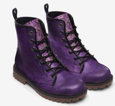 Purple custom made boots, made to order boots, bespoke boots, unisex boots, festival boots, purple boots, hippie boots, alternative boots, carnival boots, purple lace up boots Rubber sole Faux Leather Padded collar for added comfort Lace-up front Wide Fit Purple Round Toe Boots For Streetwear, Alternative Boots, Boots Alternative, Steampunk Boots, Pirate Boots, Festival Boots, Alternative Shoes, Hippie Boots, Purple Boots