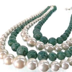 Mid-Century Faux Green Jade and White Pearl 4 Strands Glass Bead Necklace, 11 mm -13 mm Round,  17 " Jade Beaded Necklaces With 8mm Round Beads, Jade Necklaces With Large Round Beads, Round Jade Necklace With Faceted Beads, Green Glass Round Beads Necklaces, Hand-strung Jade Beaded Necklaces With Round Beads, Long Extensions, Hook Clasp, Green Jade, Glass Bead Necklace