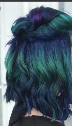 Dark Purple And Teal Hair, Dark To Light Green Hair, Green And Purple Ombre Hair, Teal Hair Dark Roots, Black Green And Blue Hair, Dark Teal Money Piece Hair, Peacock Blue Hair Color, Green Blue Ombre Hair, Blue With Purple Hair