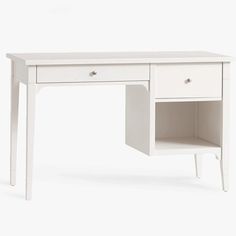 a white desk with two drawers on one side and an open drawer on the other