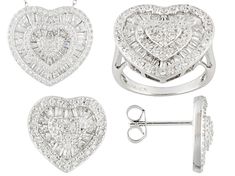 Bella Luce ® white diamond simulant 4.26ctw rhodium plated sterling silver heart earrings, necklace and ring. Earrings measures approximately 1/2"L x 1/2"W and have tension post backings. Pendant measures approximately 3/4"L x     13/16"W and has a 2.5mm bail. Also includes an 18 cable chain with a spring ring closure. Ring measures approximately 5/8"L x 1/16"W and is not sizeable. Cubic Zirconia Jewelry Sets For Anniversary, Sterling Silver Heart Jewelry Sets For Anniversary, Heart Shaped Cubic Zirconia Fine Jewelry, Heart-shaped Cubic Zirconia Fine Jewelry, Heart-shaped Brilliant Cut Cubic Zirconia Jewelry, Heart-shaped Cubic Zirconia Jewelry Sets For Anniversary, Diamond White Jewelry For Valentine's Anniversary, Dazzling Heart Cut Jewelry With Diamond Accents, Diamond Jewelry Sets For Anniversary