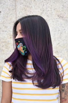 Straight Hair Purple Highlights, Magenta Peekaboo Highlights, Dark Brown To Purple Hair, Purple Highlights Brown Hair Straight, Violet Hair Highlights, Purple Hair On Brown Skin, Purple Hair Highlights Brown, Purple Hair Brown Skin