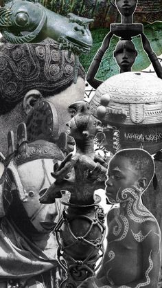 black and white collage of african art