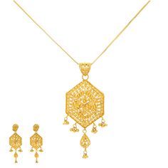 Virani Jewelers presents a work of art - a 22K Yellow Gold Necklace and Earring Set. This minimal gold jewelry set showcases the beauty of Indian gold in its purest form. The warm glow of 22 karat gold beads gracefully drape around your neck and ears, creating an ensemble that exudes luxury and sophistication. The matching gold earrings complement the set, adding an extra touch of elegance. Elevate your style with Virani Jewelers and make this 22k gold necklace and earring set an integral part o Yellow Gold Filigree Jewelry Sets As Gift, Yellow Gold Filigree Jewelry Sets For Gift, Traditional Gold Pendant Jewelry Sets, Yellow Gold Jewelry Sets For Diwali Gift, Diwali Gift Yellow Gold Jewelry Sets, Yellow Gold Plated Filigree Jewelry Sets, 22k Gold Filigree Jewelry Sets, Yellow Gold Filigree Gold-plated Jewelry Sets, Temple Jewelry Sets In Yellow Gold With Filigree