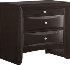 a night stand with two drawers and one drawer open on the side, against a white background