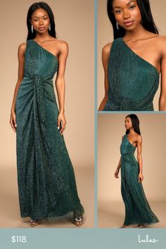 Shine for the night with the Lulus Glamorous Glitz Shiny Teal Green One-Shoulder Maxi Dress! Metallic lurex fabric shapes this eye-catching dress that has a single wide strap, a one-shoulder neckline, and a relaxed bodice. A knotted detail at the front drapes down the front of the maxi skirt. Hidden back zipper/clasp. Fit: This garment fits true to size. Length: Floor length. Size medium measures 58" from shoulder to hem. Bust: Great for any cup size. Waist: Fitted - very fitted at natural waist Green Off-shoulder Maxi Dress For Night Out, Glamorous Green Off-shoulder Dress, Green One Shoulder Floor-length Evening Dress, Glamorous Green Shimmer Dresses, Green One-shoulder Floor-length Evening Dress, Green Shimmer Party Dress, One-shoulder Green Evening Dress For Night Out, Green One-shoulder Evening Dress For Night Out, Green Evening Dress With Asymmetrical Neckline For Party