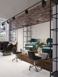 a room that has some chairs and tables in it, with brick walls behind them