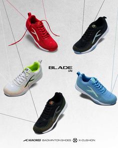 four different styles of running shoes with the words blade on them in white, blue, red and black