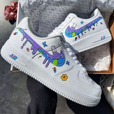 custom hand painted air force 1. Older kids size uk1 --uk5.5  ￡158 Adults size uk2.5-uk12  ￡198 -  brand new in box; - Each pair is personally handmade, and painting with premium leather paint and topped with a finisher for extra protection; - Please ensure that you double check your size before ordering.  - For customized designs, feel free to leave us a message, We are willing to have your ideas done; Juice World, Af1 Shoes, Shoe Ideas, Shoes Diy