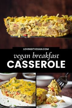 a collage of photos showing different types of casserole with text overlay that reads vegan breakfast casserole