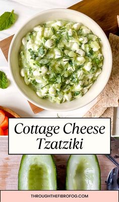 cottage cheese tzatzki in a white bowl with sliced cucumbers