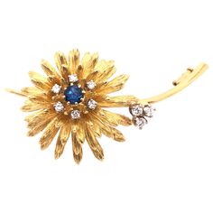 14 Karat Yellow Gold Brooch Pin Center Sapphire and Surrounding Diamonds 0.50 total diamond weight. 19.54 grams total weight. Yellow Gold Diamond Brooch Fine Jewelry, Diamond Yellow Gold Brooches Fine Jewelry, Yellow Gold Diamond Brooches Fine Jewelry, Yellow Gold Diamond Brooch In Fine Jewelry Style, Diamond Round Brooch Jewelry, Round Diamond Brooch Jewelry, Round Diamond Brooch, Yellow Gold Diamond Brooches For Formal Occasions, Formal Yellow Gold Diamond Brooch