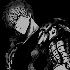 an anime character with armor and chains on his arm, looking to the side in black and white