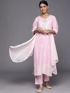 Light Pink Cotton Embroidered Kurta Palazzo Set with Silk Chiffon Dupatta Spring Anarkali Set With Mirror Work And Straight Kurta, Spring Cotton Traditional Wear With Mirror Work, Spring Traditional Cotton Wear With Mirror Work, Spring Traditional Wear With Mirror Work, Spring Wedding Kurta With Mirror Work, Spring Georgette Set With Mirror Work, Spring Cotton Salwar Kameez With Mirror Work, Spring Palazzo Set With Zari Work And Straight Kurta, Spring Festive Salwar Kameez With Mirror Work