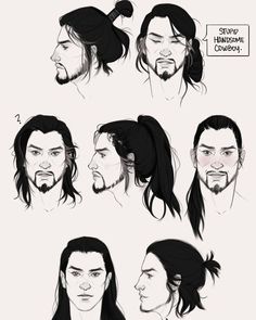 various facial expressions and hair styles for the man with long hair, beards and ponytails