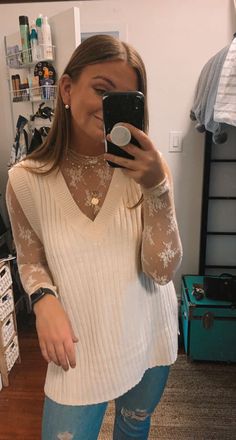 Lace shirt abd sweater vest Lace Shirt Under Shirt, Mesh Shirt Layering Outfit, Shirt With Lace Underneath, Styling Lace Undershirts, How To Style A Sheer Top, Outfit With Lace Undershirt, Free People Lady Lux Layering Top Outfit, Layered Boho Outfit, Sheer Top Layering Outfit