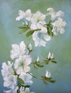 a painting of white flowers on a green background