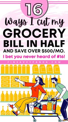 an advertisement for grocery and save over $ 50 / mo, with two people pushing a cart