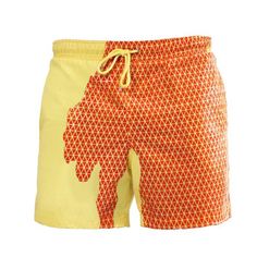 [Color-Changing Swim Trunks] - Swim Trunk Shorts can change color in warm water, not because of the moisture, but because of the temperature of the water. Our color-changing swim trunks will make you the center of attention in the crowd.[Stunning Color-Changing Design] - These amazing quick-drying temperature-sensitive color-changing casual shorts feature a mesh lining covering an elasticated waistband and drawstring, and two side pockets that expand to accommodate your phone or small accessorie Trunks Swimwear, Fitness Shorts, Green To Blue, Beach Sports, Swimming Trunks, Beach Kids, Swimwear Shorts, Beach Pants, Yellow Print