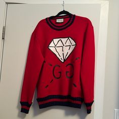 Gucci Sweatshirt - Never Worn. Unisex. Thick Material. Extra Large. Looks Great With Leggings! Gucci Luxury Tops For Winter, Luxury Gucci Winter Top, Luxury Gucci Tops For Winter, Luxury Gucci Tops For Fall, Designer Red Long Sleeve Tops, Designer Long Sleeve Red Top, Designer Red Crew Neck Top, Designer Red Tops For Fall, Casual Red Gucci Tops