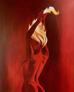 a painting of a woman holding a flame in her hand