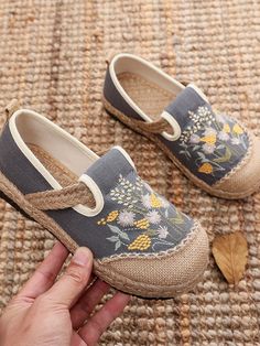 Grey Spring Bohemian Flats With Round Toe, Bohemian Spring Flats With Round Toe, Embroidered Casual Flats, Bohemian Round Toe Flats For Spring, Embroidered Casual Flats For Spring, Spring Bohemian Espadrilles With Woven Sole, Summer Beach Slip-ons With Round Toe, Spring Vacation Flat Espadrilles, Embroidered Flats With Flat Heel For Summer