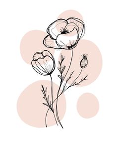 an ink drawing of three flowers on a pink and white background with circles around it