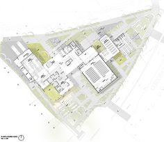 an architectural drawing shows the ground plan for a building with multiple floors and lots of windows