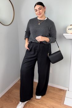 Dark Monochrome Outfit, Wide Leg Trousers Midsize, Baggy Mid-rise Wide Leg Pants For Fall, Fall Wide-leg Office Pants, Wide Leg Pants Outfit Casual Sneakers, Midsize Wide Leg Jeans, Fall Wide-leg Workwear Dress Pants, Fall Wide-leg Work Pants, Curvy Office Outfit