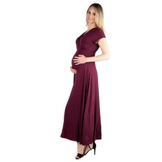 A formal look has never been so comfortable. With its regal full-length skirt this womens maternity maxi dress makes for an elegant formal or casual look. Featuring a v-neck line and v cut on the back, cap sleeves, flared a line skirt, defined empire waist, and is made from a soft and comfortable stretch material in four beautiful year round colors and it is machine washable for easy care. The perfect dress to keep in your closet for any special occasions or just an eye catching date night look. Red Maternity Dress, Ruffle Long Dress, Maternity Midi Dress, Maternity Maxi Dress, A Line Maxi Dress, Full Length Skirts, Maternity Maxi, Pregnancy Maxi Dress, Womens Maternity