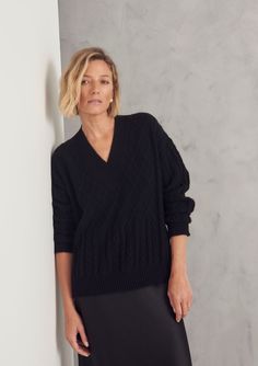 Soft and stylish this v neck sweater is crafted from 100% sustainable cashmere and has chunky ribbed trims and a mixed up all over cable design.  5 gauge crafted in 100% sustainable Mongolian cashmere. 100% sustainable cashmere Sustainable Clothing Brands, Stocking Fillers For Her, Office Dress, Tailored Trousers, Sustainable Clothing, Independent Designers Fashion, V Neck Sweater, Dressed Down, Bridal Collection