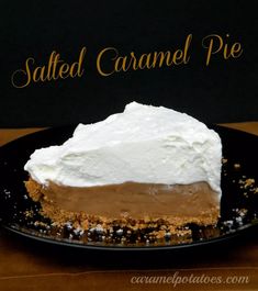 a slice of salted caramel pie on a black plate