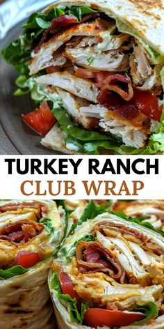 the turkey ranch club wrap is cut in half and stacked on top of each other