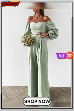 Solid Off Shoulder Crisscross Tie Crop Top & Straight Leg Pants Set P4990825059 Modest Graduation Outfit, Fancy Jumpsuit, Tie Crop Top, Pant Sets, Causual Outfits, Indian Designer Outfits, Top Pants Set, Hottest Fashion Trends, Event Dresses