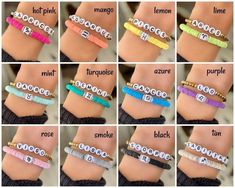 Preppy Name Bracelets, Need Bracelet Ideas, Zodiac Sign Clay Bead Bracelets, Named Beaded Bracelets, Names To Put On Bracelets, Clay Bead Bracelet Ideas Zodiac, Clay Bead Word Bracelet Ideas, Cute Bracelet Ideas With Words, Phrases For Bracelets