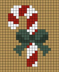 A pixel art template of a Candy Cane with a green bow tied on it. Knit Candy Cane, Gingerbread Man Pixel Art, Candy Cane Pixel Art, Candy Cane Cross Stitch Pattern, Gingerbread House Pixel Art, Cross Stitch Candy Cane, Christmas Crochet Pixel Grid, Crochet Grid Patterns Christmas